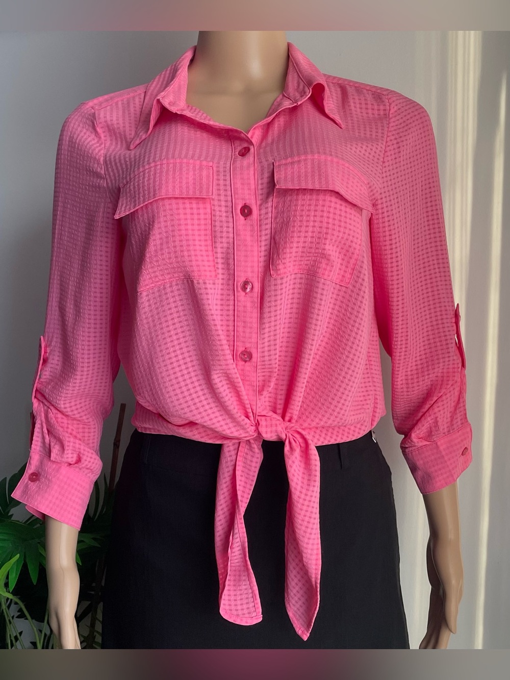 TanJay Hot Pink Tie-Front Button Down Shirt